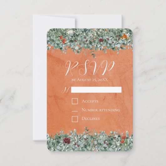 Terracotta Eucalyptus Burgundy Orange Floral 出欠カード (正面)