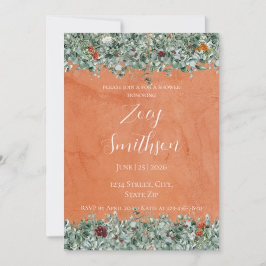 Terracotta Eucalyptus Burgundy Orange Floral 招待状 (正面)