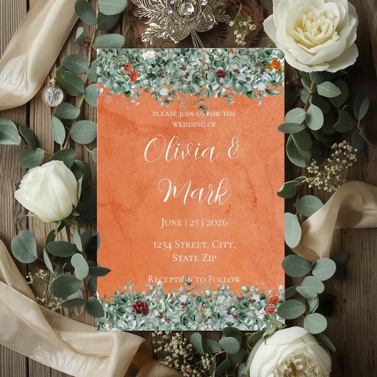Terracotta Eucalyptus Burgundy Orange Floral 招待状