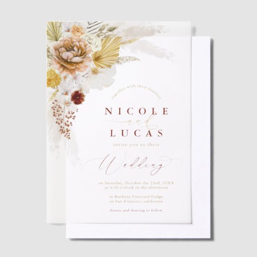 Terracotta Fall Autumn Boho Pampas Grass Wedding ベラム紙招待状 (オフセット)