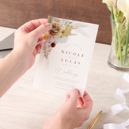 Terracotta Fall Autumn Boho Pampas Grass Wedding ベラム紙招待状 (ポータブル)