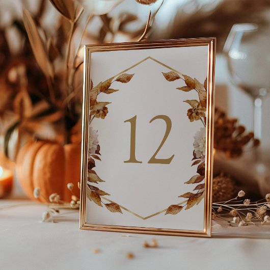 Terracotta Fall Watercolor Leaves Wedding テーブルナンバー