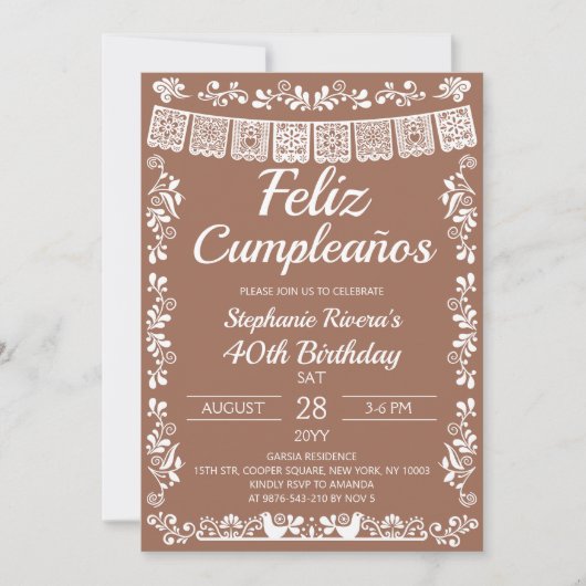 Terracotta Feliz Cumpleaños 40th Birthday 招待状 (正面)