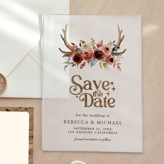 Terracotta Floral Antlers Wedding Save the Date アクリル招待状