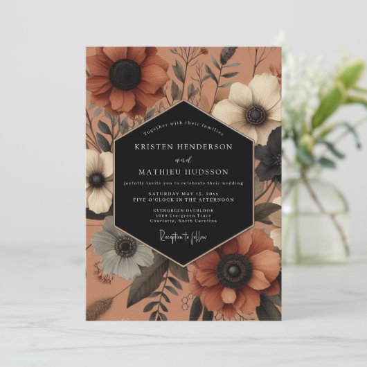 Terracotta Floral Autumn Romance Wedding 招待状 (スタンド正面)