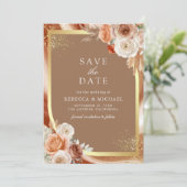 Terracotta Floral Beige Gold QR Code Photo Wedding セーブザデート (スタンド正面)