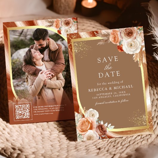 Terracotta Floral Beige Gold QR Code Photo Wedding セーブザデート