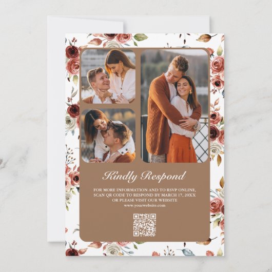 Terracotta Floral Beige Tan QR Code Wedding 招待状 (裏面)