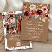 Terracotta Floral Beige Tan QR Code Wedding 招待状