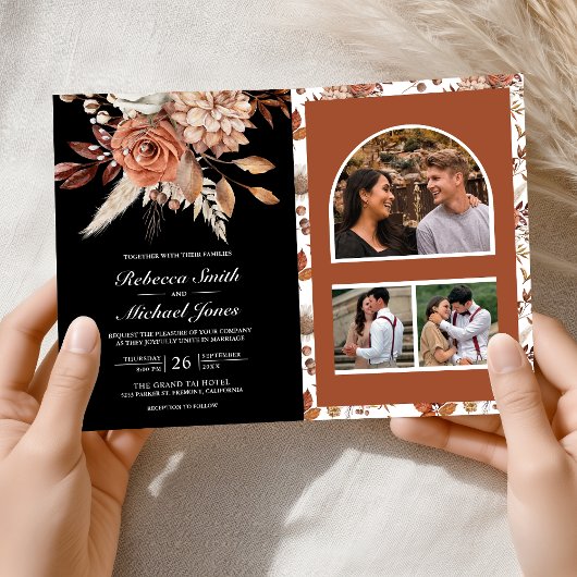 Terracotta Floral Black QR Code Wedding 招待状