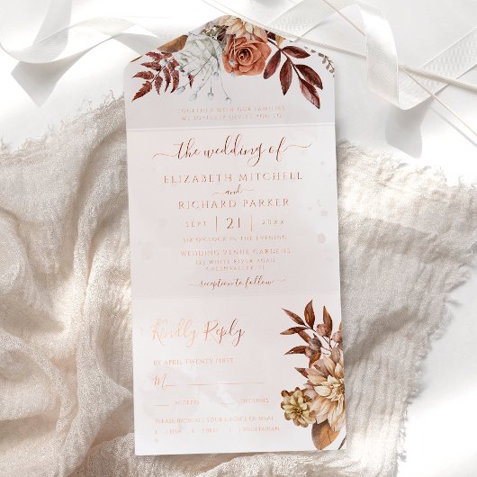 Terracotta Floral Boho Fall Foliage Wedding オールインワン招待状