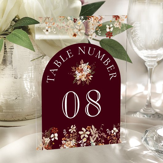 Terracotta Floral Burgundy Acrylic Table Number アクリル招待状
