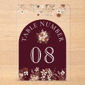 Terracotta Floral Burgundy Acrylic Table Number アクリル招待状 (正面)