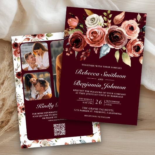 Terracotta Floral Burgundy QR Code Wedding 招待状