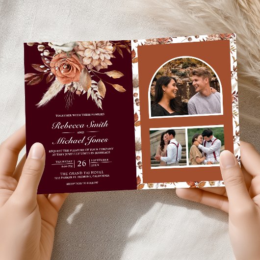 Terracotta Floral Burgundy QR Code Wedding 招待状