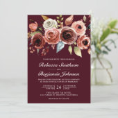 Terracotta Floral Burgundy QR Code Wedding 招待状 (スタンド正面)