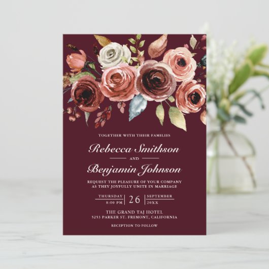 Terracotta Floral Burgundy QR Code Wedding 招待状 (スタンド正面)