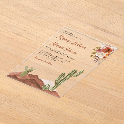 Terracotta Floral Cactus Wedding アクリル招待状 (レイダウン)
