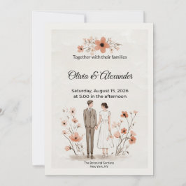 Terracotta Floral & Couple Illustration Wedding カード