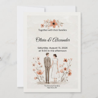 Terracotta Floral & Couple Illustration Wedding カード