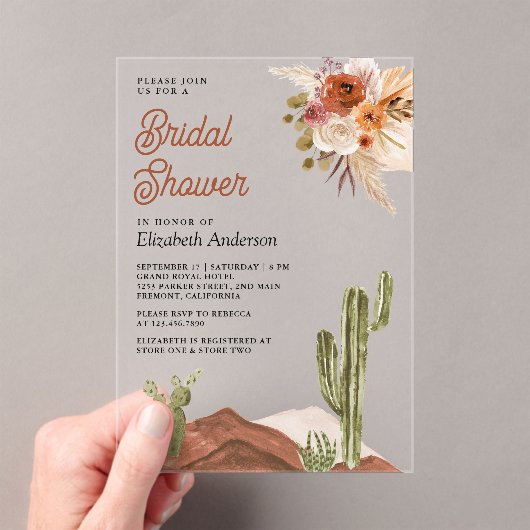 Terracotta Floral Desert Cactus Bridal Shower アクリル招待状 (インサイチュ (ポータブル))