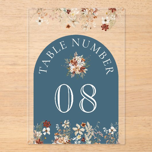 Terracotta Floral Dusty Blue Acrylic Table Number アクリル招待状 (正面)