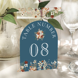 Terracotta Floral Dusty Blue Acrylic Table Number アクリル招待状