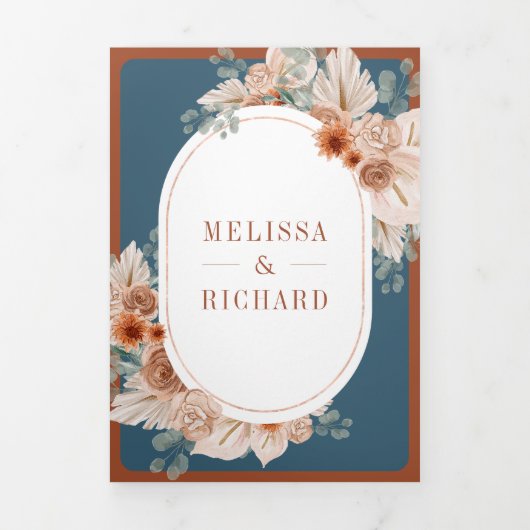 Terracotta Floral Dusty Blue QR Code Wedding 三つ折り招待状 (カバー)