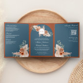 Terracotta Floral Dusty Blue QR Code Wedding 三つ折り招待状