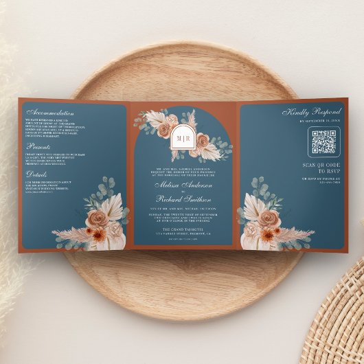 Terracotta Floral Dusty Blue QR Code Wedding 三つ折り招待状