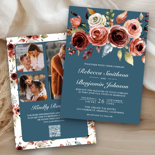 Terracotta Floral Dusty Blue QR Code Wedding 招待状