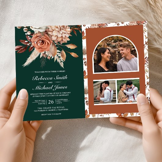 Terracotta Floral Emerald Green QR Code Wedding 招待状