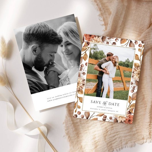 Terracotta Floral Frame 2 Photo Save the Date 招待状