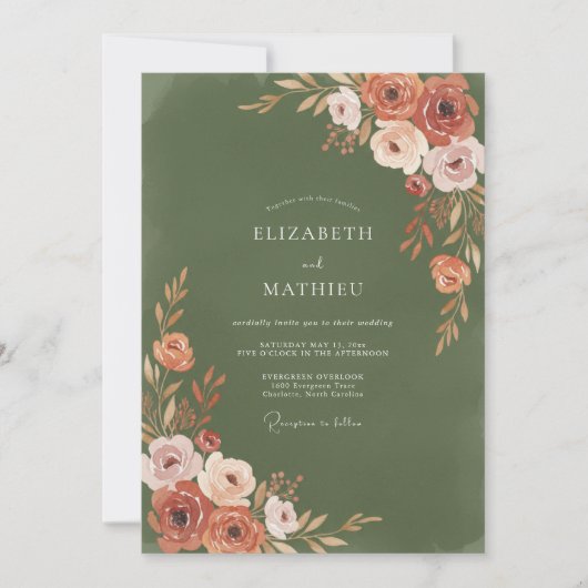 Terracotta Floral Lush Arrangement Wedding 招待状 (正面)