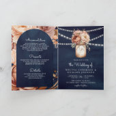 Terracotta Floral Mason Jar Navy QR Code Wedding 招待状 (内部)