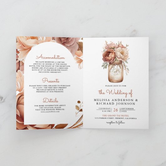Terracotta Floral Mason Jar QR Code Wedding 招待状 (内部)