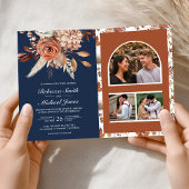 Terracotta Floral Navy Blue QR Code Wedding 招待状