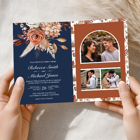 Terracotta Floral Navy Blue QR Code Wedding 招待状