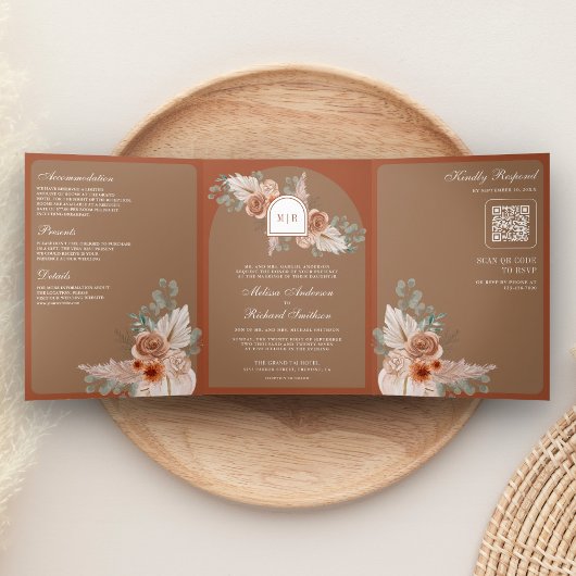 Terracotta Floral Pampas Beige Tan QR Code Wedding 三つ折り招待状