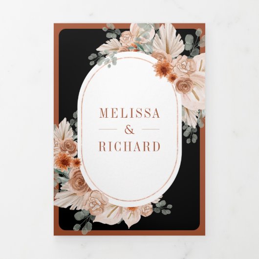 Terracotta Floral Pampas Black QR Code Wedding 三つ折り招待状 (カバー)