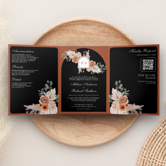 Terracotta Floral Pampas Black QR Code Wedding 三つ折り招待状