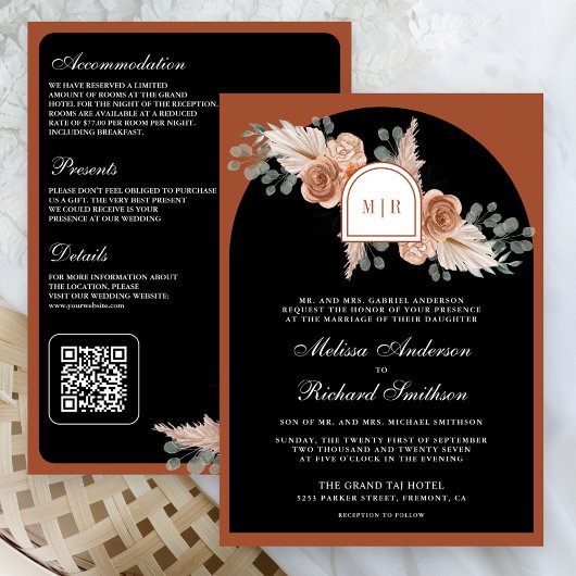 Terracotta Floral Pampas Black QR Code Wedding 招待状