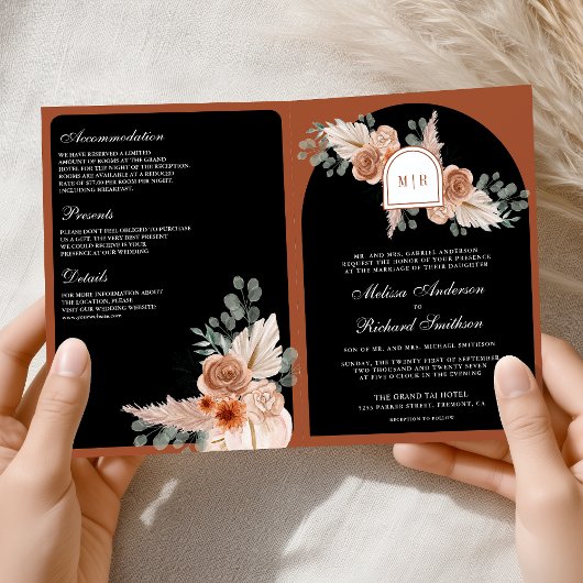 Terracotta Floral Pampas Black QR Code Wedding 招待状