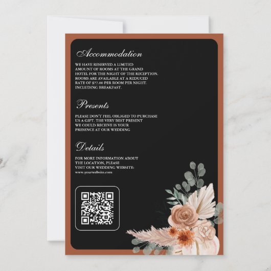 Terracotta Floral Pampas Black QR Code Wedding 招待状 (裏面)