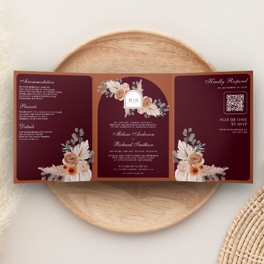 Terracotta Floral Pampas Burgundy QR Code Wedding 三つ折り招待状