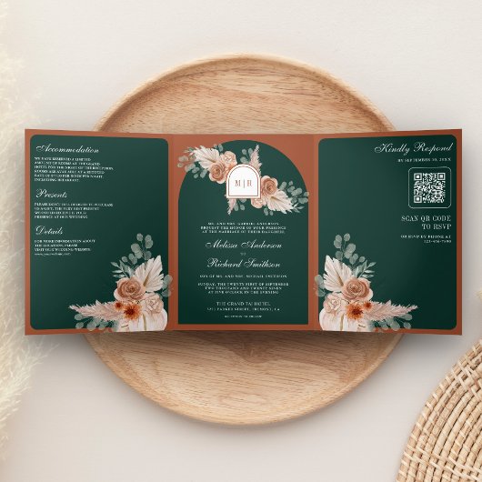 Terracotta Floral Pampas Emerald QR Code Wedding 三つ折り招待状
