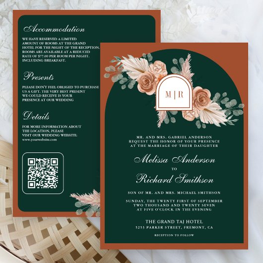 Terracotta Floral Pampas Emerald QR Code Wedding 招待状