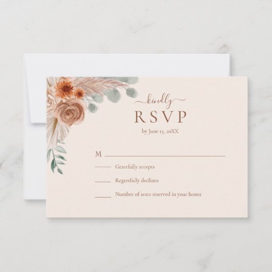 Terracotta Floral Pampas Grass Wedding RSVP Card (正面)