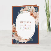Terracotta Floral Pampas Navy Blue QR Code Wedding 招待状 (正面)