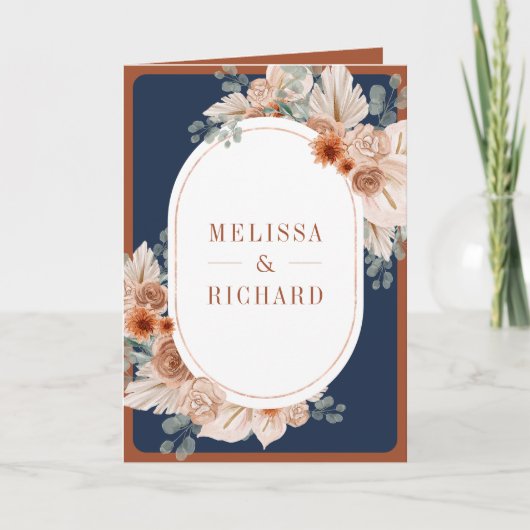 Terracotta Floral Pampas Navy Blue QR Code Wedding 招待状 (正面)